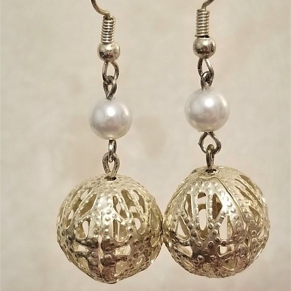 Filigree Faux Pearl Drop Earrings - Picture 3 of 3